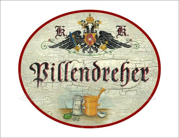 KuK Nostalgie Holzschild - Pillendreher - Mörser Tabletten  TH