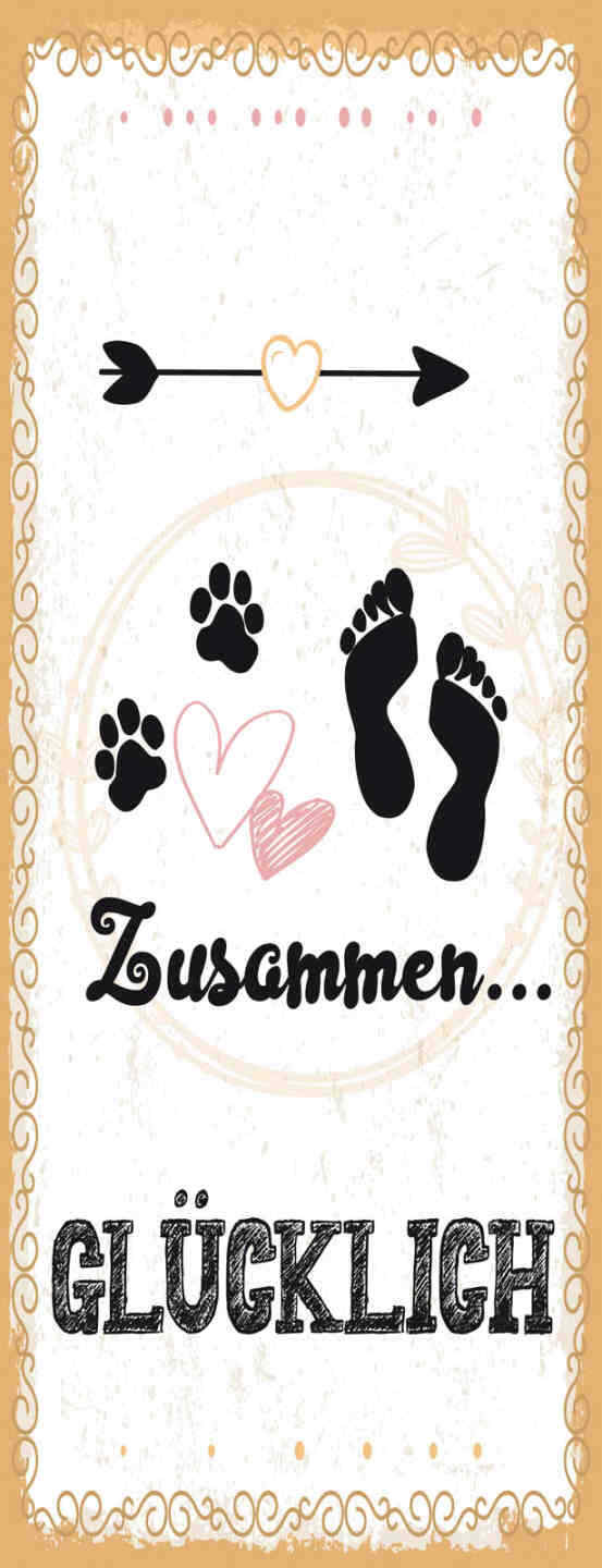 Schild Zusammen Glücklich Katze Hund Mensch Haus Tier Liebe 27x10 Blech od.Holz