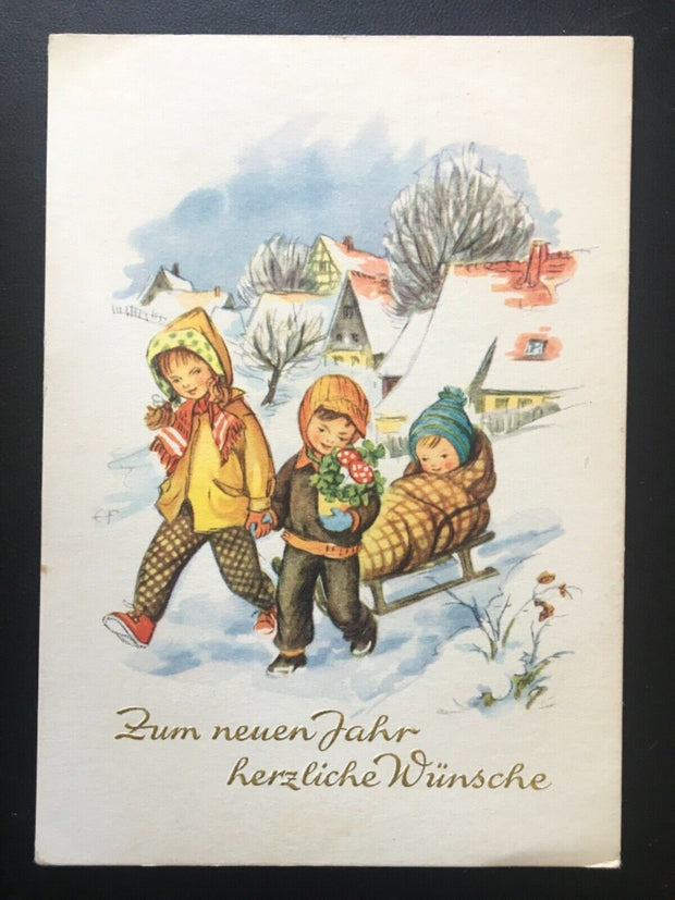 Zum neuen Jahr herzliche Wünsche - Kinder mit Schlitten - Winter 140402 TH