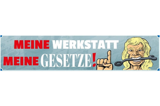 Schild Werkstatt Gesetze Werkzeug Hobby Auto Heimwerken 46 x 10 Blech od.Holz