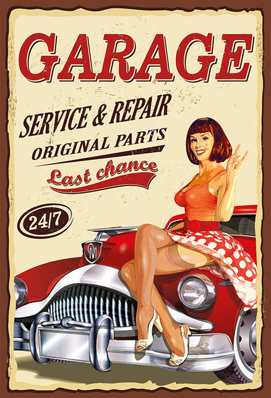 Schild Spruch Garage Service and Repair Frau Sexy Comic Auto Werkstatt JW