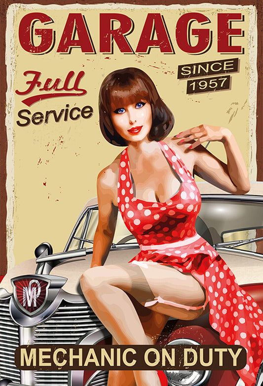 Schild Spruch Garage Full service Autowerkstatt Frau Sexy Oldtimer Comic JW