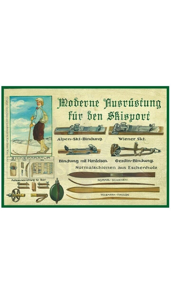 KuK Nostalgie Holzschild "Moderne Ausrüstung für den Skisport"