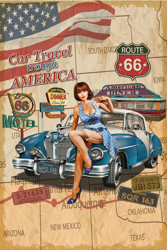 Nostalgie Schild Car Travel USA Route66 Auto 12x18 / 20x30 / 30x40 Blech od.Holz