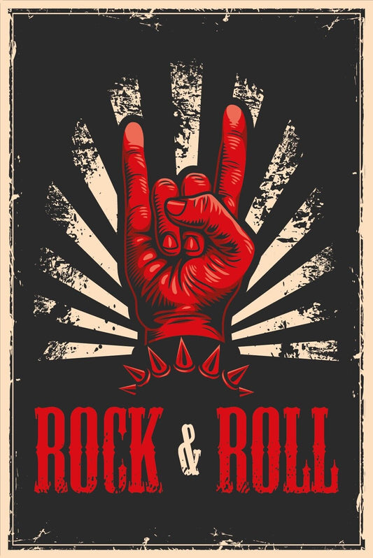 Nostalgie Schild Rock & Roll Musik Hand 12x18 / 20x30 / 30x40 Blech od. Holz