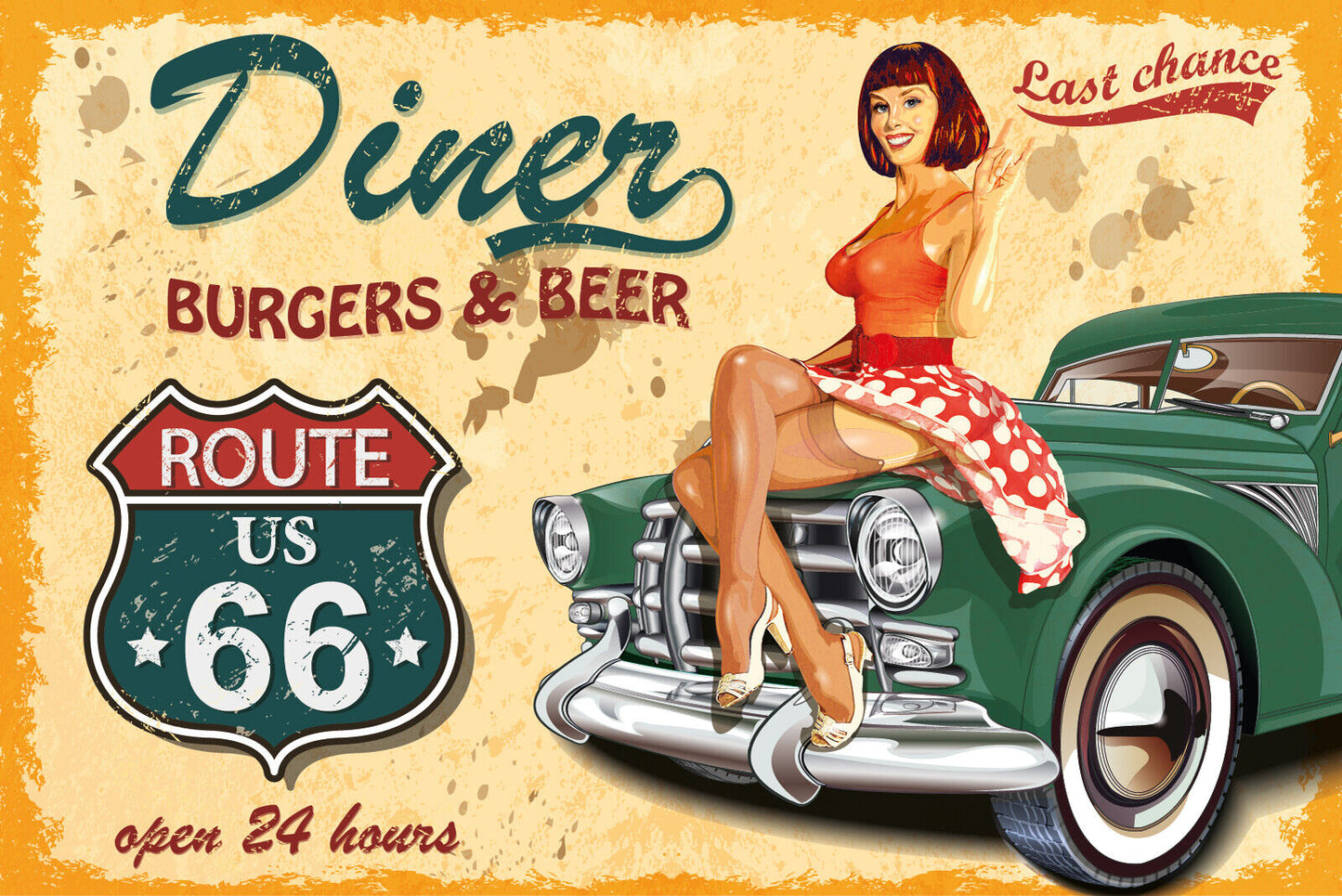 Nostalgie Schild Diner Burger Beer Frau Auto 12x18 / 20x30 / 30x40 Blech od.Holz