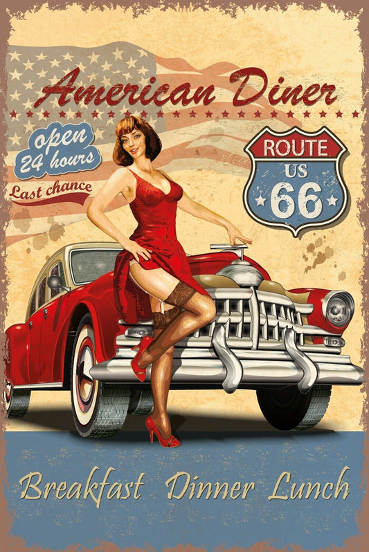 Nostalgie Schild American Diner Route66 Auto 12x18 / 20x30 / 30x40 Blech od.Holz