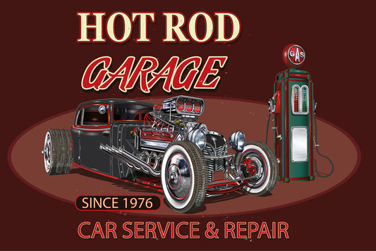 Nostalgie Schild Hot Rod Garage Service Auto 12x18 / 20x30 / 30x40 Blech od.Holz