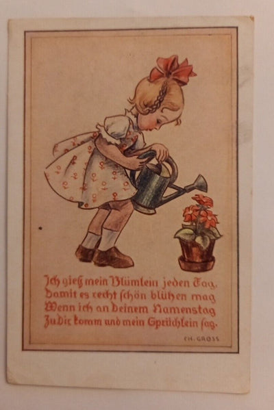 Künstlerkarte Mädchen mit Gießkanne und Blumentopf 600668A gr